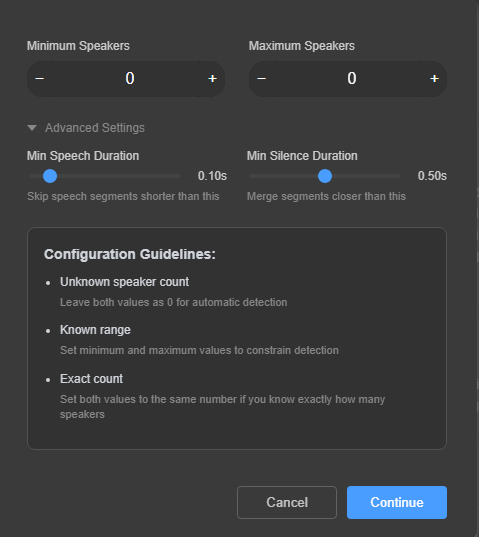 Speaker Diarization Configuration Dialog
